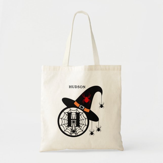 Monogram H Halloween Witch Spiders Your Name Tote Bag (Front)