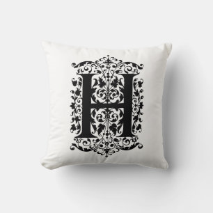 Monogram H Initial Black and White Floral Pattern Cushion