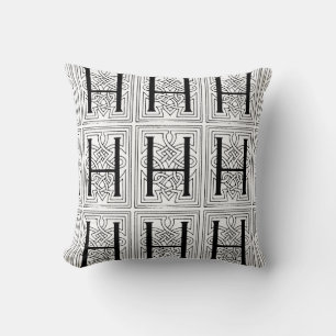 Monogram H Initial Black and White Scroll Pattern Cushion