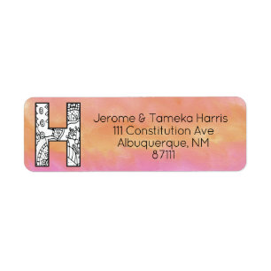 Monogram "H" Tangle Letter Orange Pink Watercolor