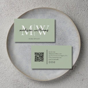 Monogram Hair Stylist QR Code Sage Green Business Card