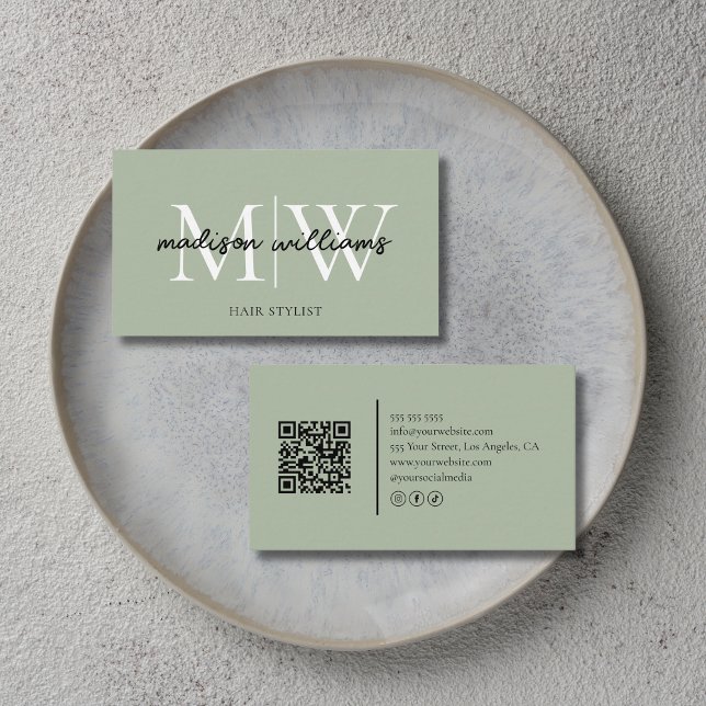 Monogram Hair Stylist QR Code Sage Green Business Card (Monogram Hair Stylist QR Code Sage Green Business Card)