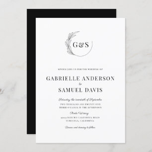 Monogram Half Wreath Minimal Black & White Wedding Invitation
