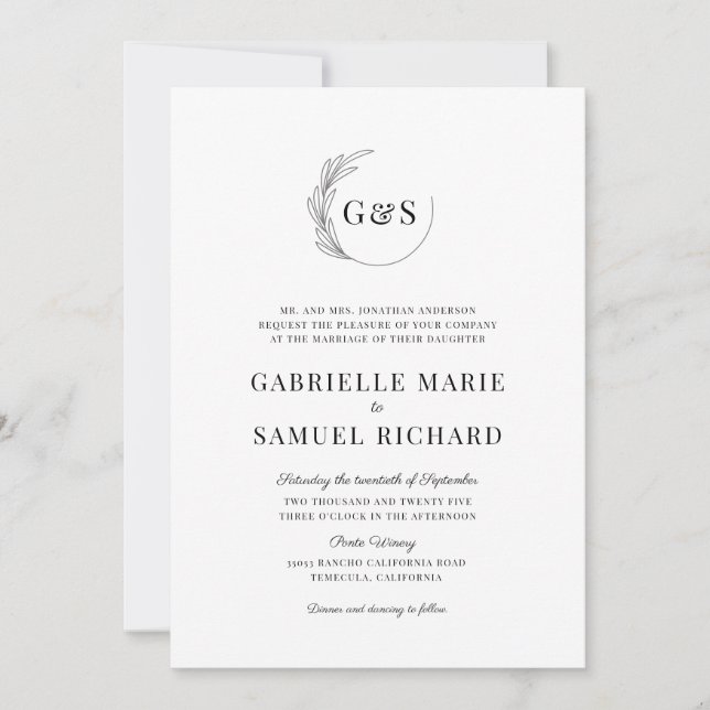 Monogram Half Wreath Minimal Wedding Invitation (Front)