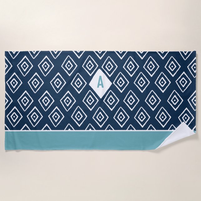 Monogram Hand Drawn Diamond Pattern Beach Towel (Front)