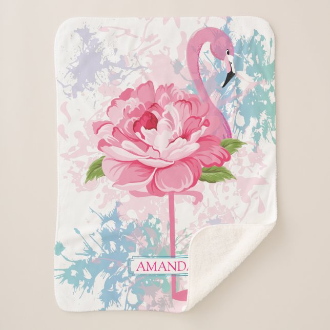 Monogram Hand painted flamingo Sherpa Blanket (Front)