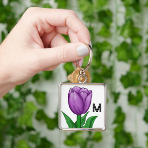 Monogram Handpainted Purple Tulip  Key Ring