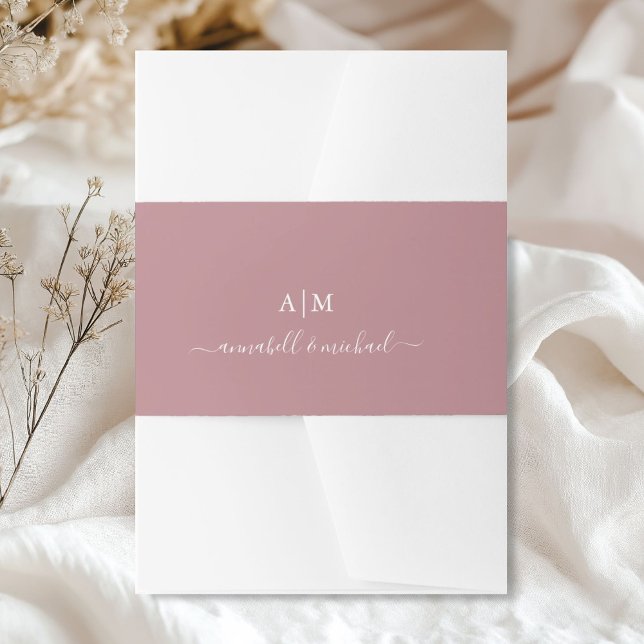 Monogram, Handwriting, Elegant Dark-Rose Invitation Belly Band (Personalized, Monogram, Handwriting, Elegant Dusty Rose Invitation Belly Band)