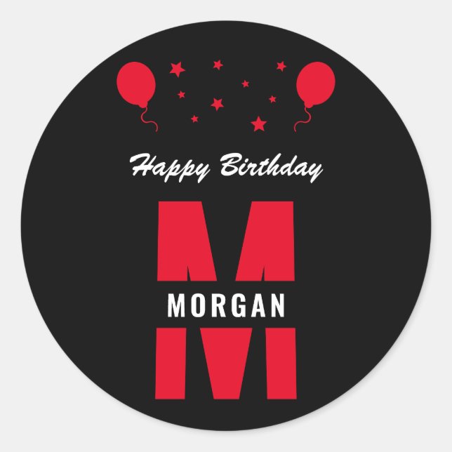 Monogram Happy Birthday Any Age Black White Red Classic Round Sticker (Front)