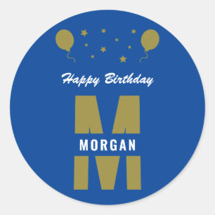 Monogram Happy Birthday Any Age Blue White Gold Classic Round Sticker