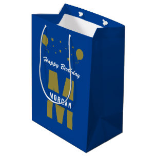Monogram Happy Birthday Any Age Blue White Gold Medium Gift Bag