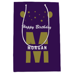 Monogram Happy Birthday Any Age Purple White Gold Medium Gift Bag
