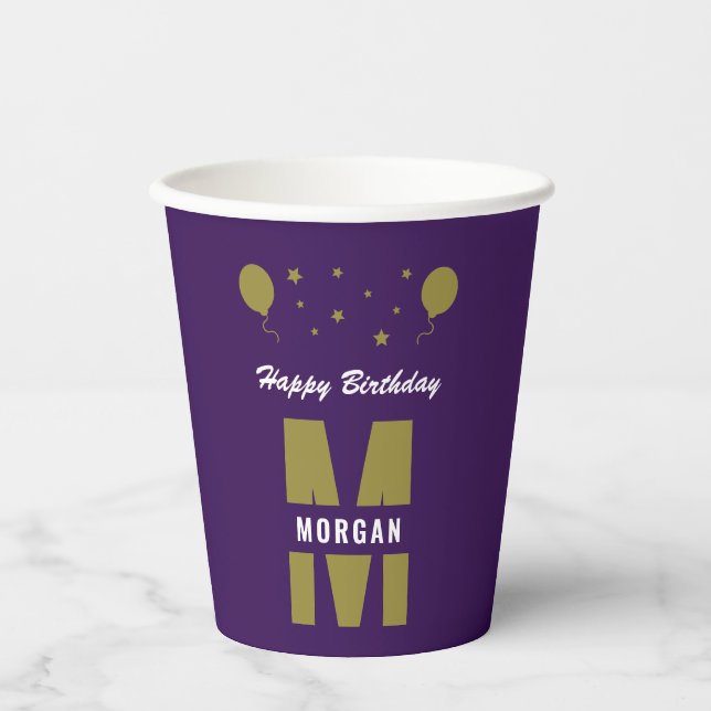 Monogram Happy Birthday Any Age Purple White Gold Paper Cups (Front)