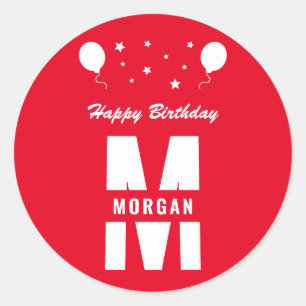 Monogram Happy Birthday Any Age Red And White Classic Round Sticker