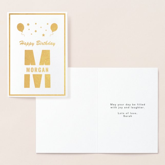 Monogram Happy Birthday Any Age White And Gold Foil Card (Display)