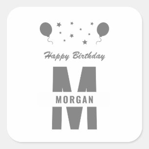 Monogram Happy Birthday Any Age White Grey Stars Square Sticker