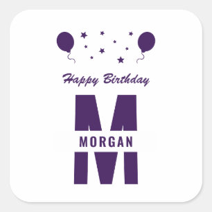 Monogram Happy Birthday Any Age White Purple Stars Square Sticker