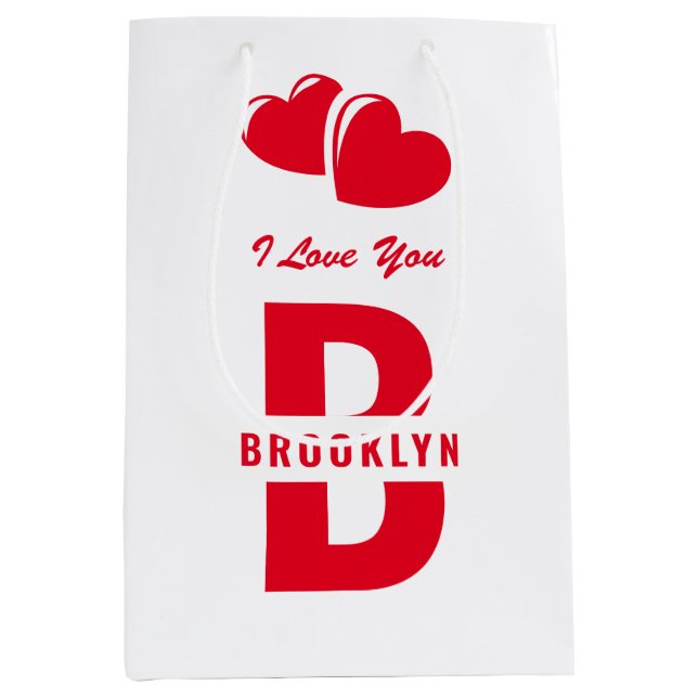 Monogram Happy Valentine's Day White Red Hipster Medium Gift Bag (Front)
