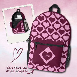 Monogram Heart Chequerboard Pattern Bordeaux Pink Printed Backpack