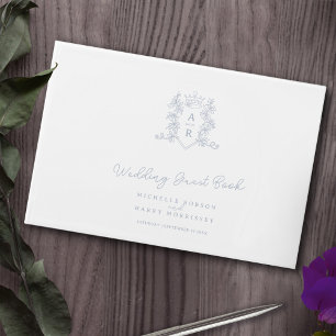 Monogram heart crest crown white silver wedding guest book