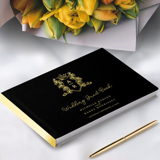 Monogram heart crest gold black wedding guest guest book (Creator Uploaded)