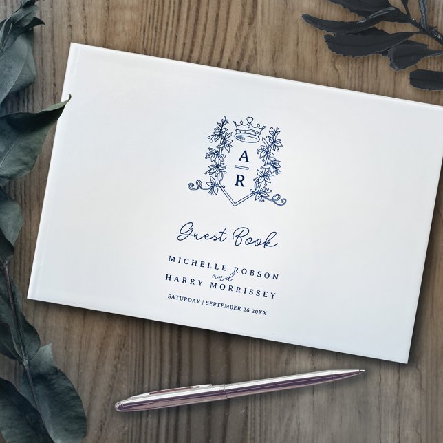 Monogram heart crest hand drawn blue white wedding guest book (Creator Uploaded)