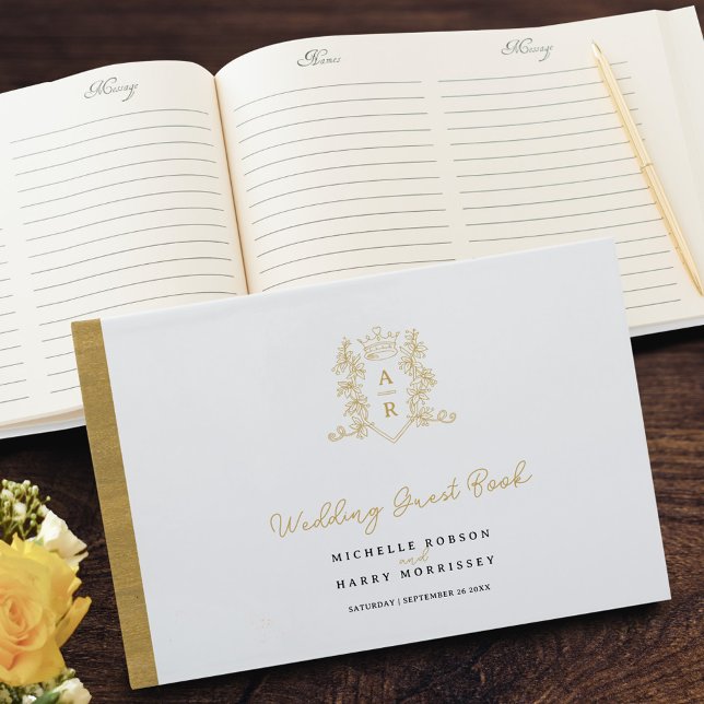 Monogram heart crest hand drawn white wedding guest book (Creator Uploaded)