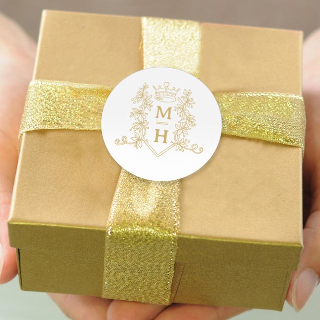 Monogram heart crown crest gold wedding classic round sticker (Creator Uploaded)