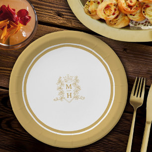 Monogram heart crown crest gold wedding paper plate