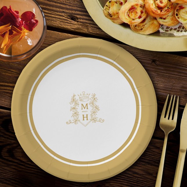 Monogram heart crown crest gold wedding paper plate (Creator Uploaded)