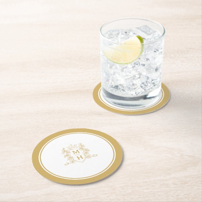 Monogram heart crown crest gold wedding round paper coaster (Insitu)