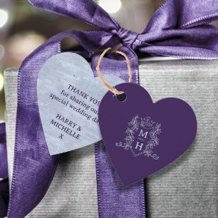 Monogram heart crown crest purple silver wedding favour tags