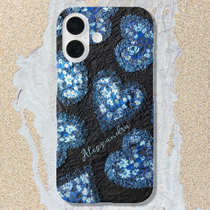 Monogram heart floral black blue pattern iPhone 16 case
