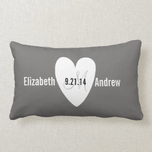 Monogram Heart Grey Wedding Anniversary Pillow