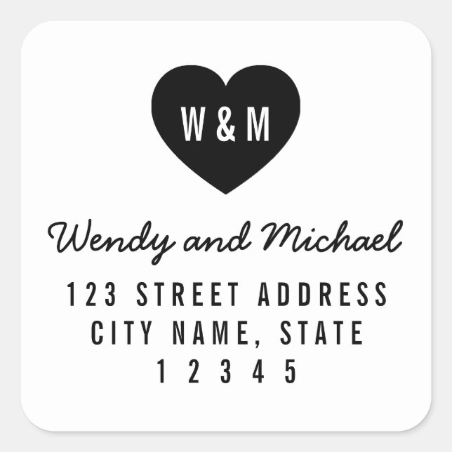 Monogram Heart Modern Couple Wedding Address Square Sticker (Front)