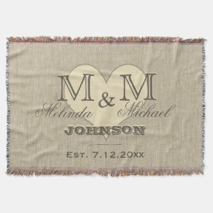 Monogram Heart Rustic Linen Look Throw Blanket