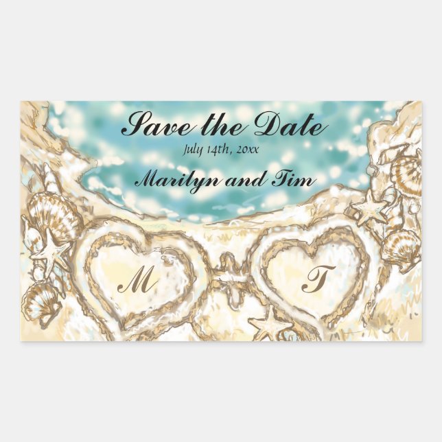 Monogram Hearts on the Beach Save the Date Rectangular Sticker (Front)
