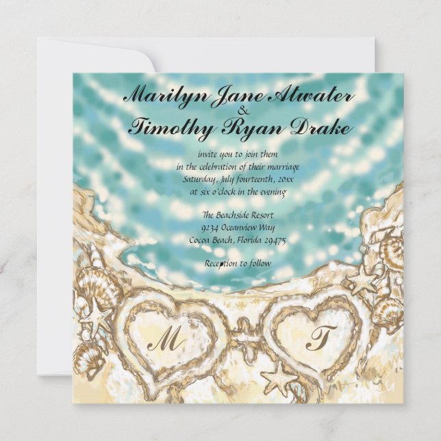 Monogram Hearts on the Beach Wedding Invitation (Front)