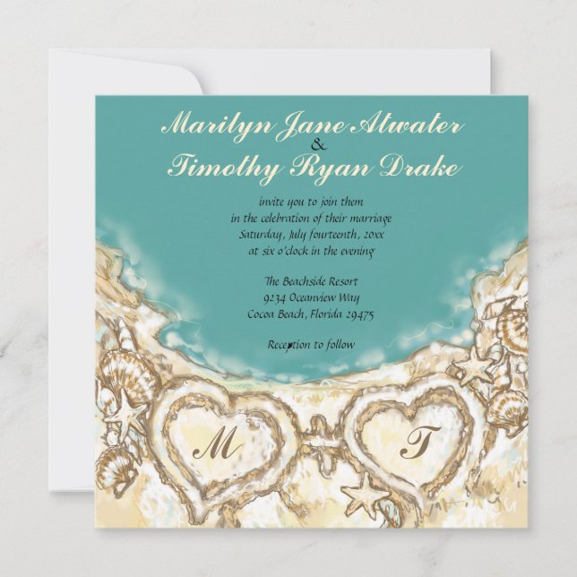 Monogram Hearts on the Beach Wedding Invitation (Front)
