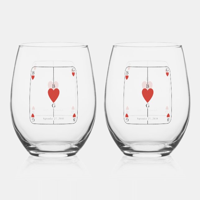 Monogram Hearts Playing Card Wedding Favour Stemless Wine Glass (Front)