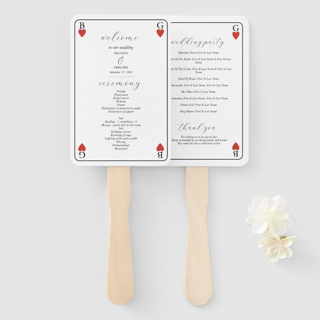 Monogram Hearts Playing Card Wedding Program Hand Fan (Front and Back)