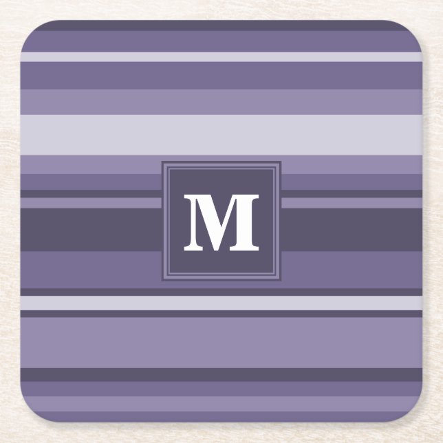 Monogram heather purple stripes square paper coaster (Front)