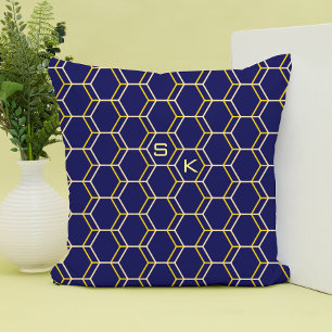 Monogram hexagon pattern blue yellow Manly Elegant Cushion