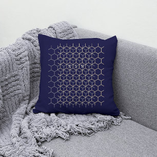 Monogram hexagon pattern dark blue geek initials cushion