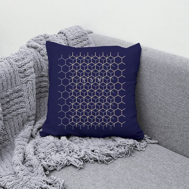 Monogram hexagon pattern dark blue geek initials cushion (Creator Uploaded)