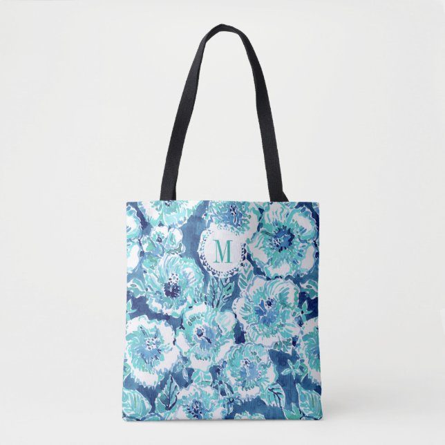 Monogram HIBISCUS BOUNTY Blue Tropical Hawaiian Tote Bag (Front)