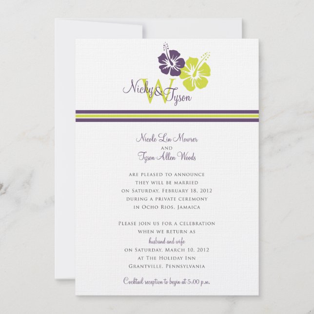 Monogram Hibiscus Flower Wedding Invitation (Front)