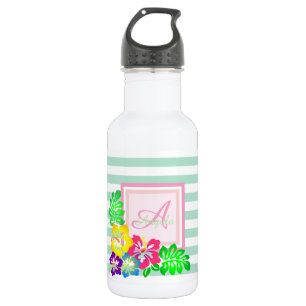 Monogram,Hibiscus on Stripes-Personalised 532 Ml Water Bottle