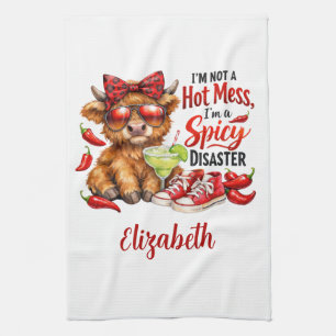 Monogram Highland Cow Hot Mess Funny Humourous Tea Towel