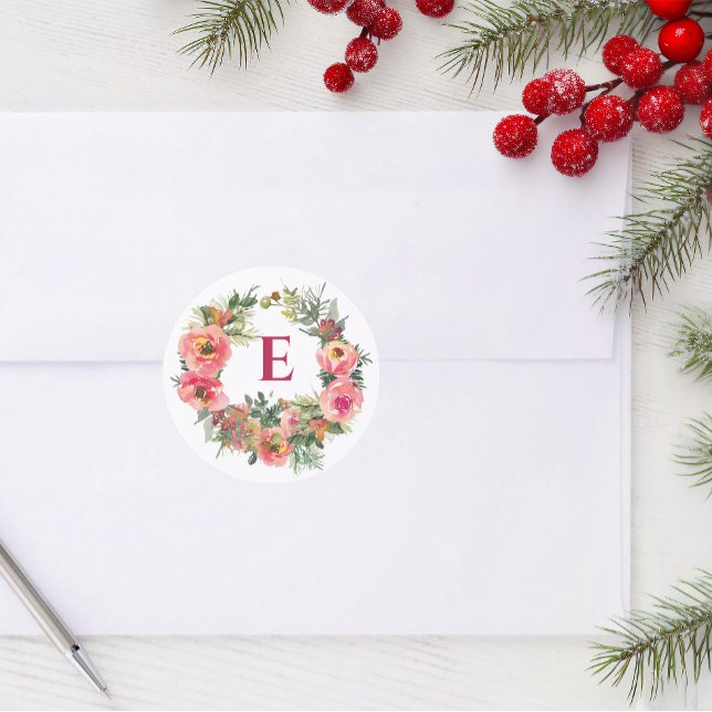 Monogram Holiday Pink Joy Wreath Botanical Classic Round Sticker (Creator Uploaded)